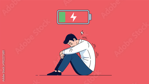 Exhausted businessman sitting on the floor with a low battery icon above his head, representing workplace burnout and lack of energy.