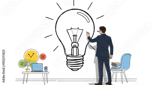 Businessman drawing a giant light bulb on a wall with planning icons on a desk, representing creative strategy and business innovation.