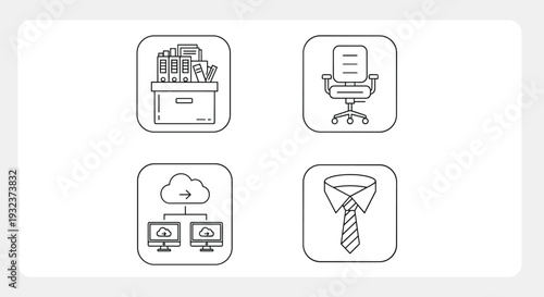 Set of black and white office icons representing professional file organization, ergonomic seating, cloud data sync, and formal business attire.