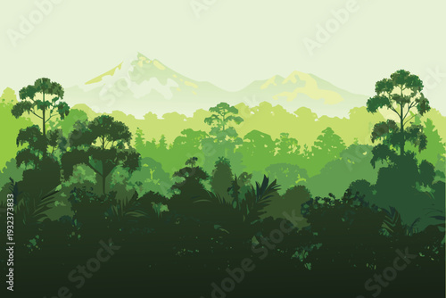 Lush jungle landscape with distant mountains and diverse trees vibrant green forest canopy stock illustration