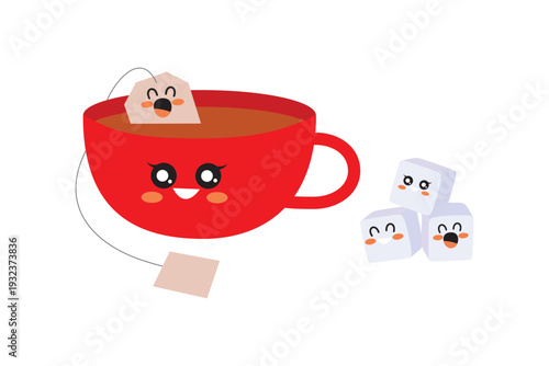 Cute red teacup with a cheerful tea bag character and kawaii sugar cubes, ideal for refreshing and creating cozy drinks.