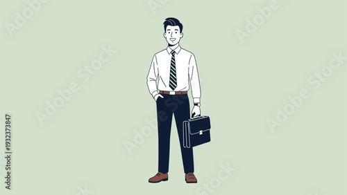 Professional businessman in a white shirt and tie standing and holding a black briefcase, representing a successful career or job seeker.