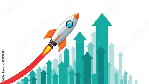 Rocket ship blasting off into the sky over a series of upward-pointing green bar chart arrows, symbolizing rapid business growth.