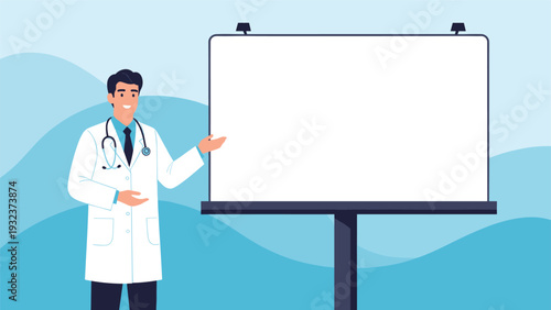 Male doctor in a white lab coat with a stethoscope pointing to a large blank whiteboard, representing medical announcements or information.