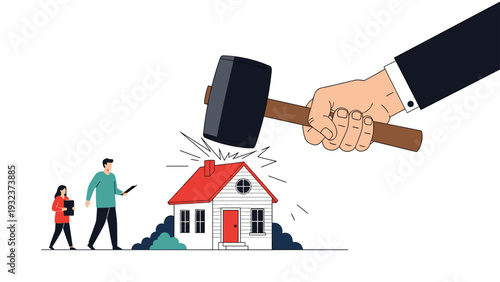 Large hand with a wooden gavel hitting a house with people standing nearby, symbolizing real estate law, auction, or property crisis.