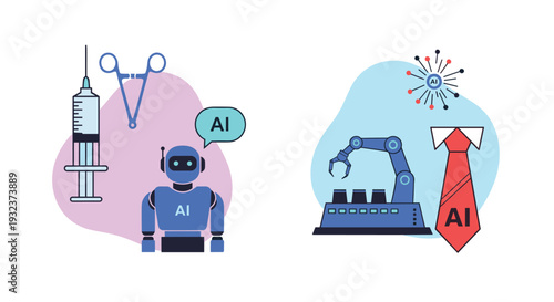 Conceptual illustration of artificial intelligence applications in the medical field and industrial automation sectors for future growth.