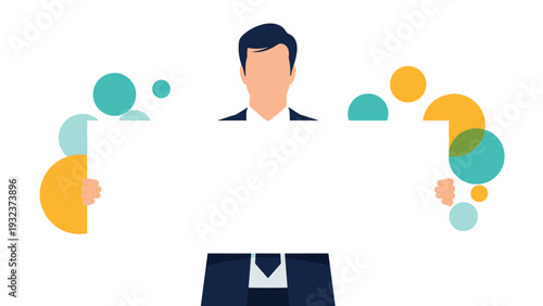 Businessman holding a large blank white horizontal banner with colorful bubble designs, representing a space for advertising or messages.