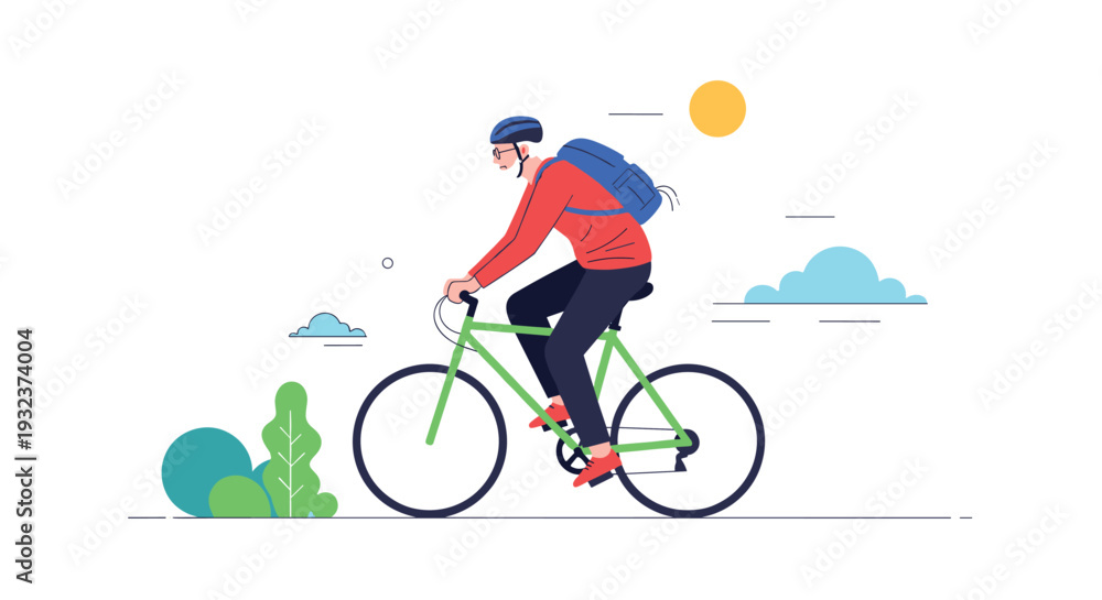 Naklejka premium Active man wearing a helmet and backpack cycling on a green bike along a path during a bright sunny day for exercise.