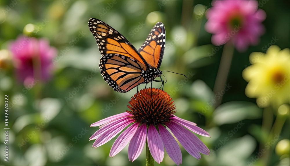 Obraz premium A monarch butterfly perched on a vibrant purple coneflower, surrounded by a lush garden of pink and yellow flowers, with a serene backdrop of trees and a clear blue sky.