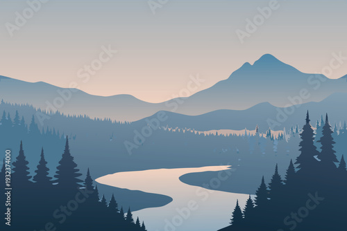 Misty Mountain Range Overlooking River and Forest at Dusk