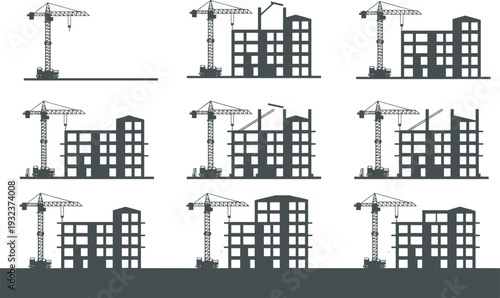 Construction Crane Silhouette Vector Illustration, Tower Cranes Over Building Sites, Under Construction Skyscrapers and Apartments, Urban Development Project, Real Estate Growth Black Outline Art