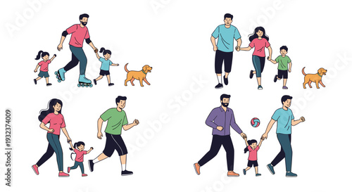 Set of active family scenes showing parents and children jogging, rollerblading, and walking their pet dog in a park setting.