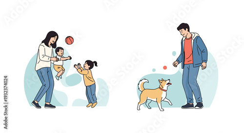Joyful family moments featuring a mother playing with her kids and a father enjoying time with the pet dog outdoors.
