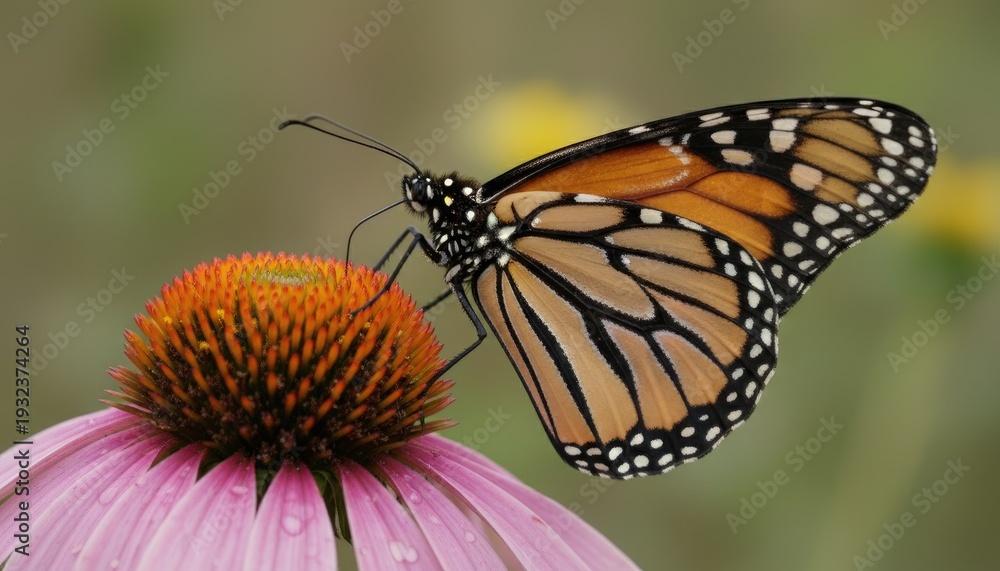 Fototapeta premium A monarch butterfly perched on a pink coneflower, surrounded by a lush green backdrop.