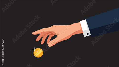 Hand of a businessman in a dark suit reaching out to catch a falling shiny gold coin against a dark black background.