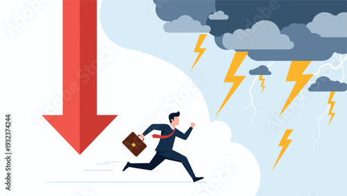 Businessman in a suit running away from storm clouds with lightning and a large red downward arrow representing crisis.