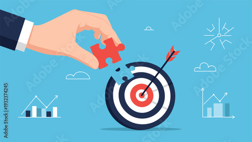 Person hand placing a red puzzle piece into a bullseye target with graphs and charts in the background for strategy.