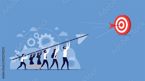 Group of business people working together to carry a giant arrow and aim it at a red bullseye target for team success.