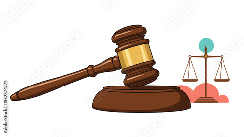 Wooden judge gavel on a sounding block with the scales of justice in the background against a clean white backdrop.