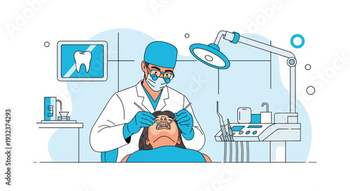 Professional dentist in protective gear performing a dental procedure on a patient in a modern well equipped clinic.