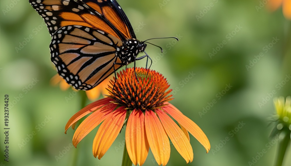 Obraz premium A monarch butterfly is perched on an orange flower, its wings spread wide as it feeds on the nectar.