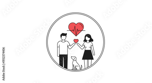Simple line art illustration of a man and woman with their pet dog under a heart symbol showing a healthy heartbeat.