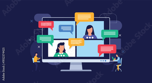 Desktop computer displaying a video conference call with multiple participants and colorful speech bubbles for communication.