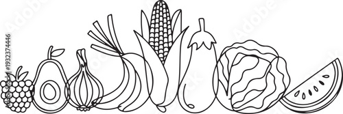 Continuous one line drawing. Vegetables different size from small till big. Vector illustration