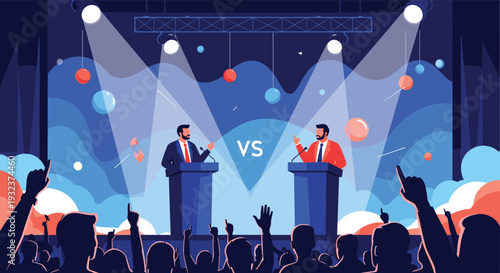 Professional political debate on a large stage featuring two candidates behind podiums speaking to a cheering crowd under spotlights.