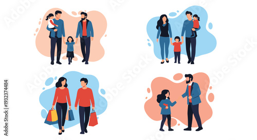 Set of illustrations featuring different family dynamics including single parents, shopping couples, and happy moments with children.