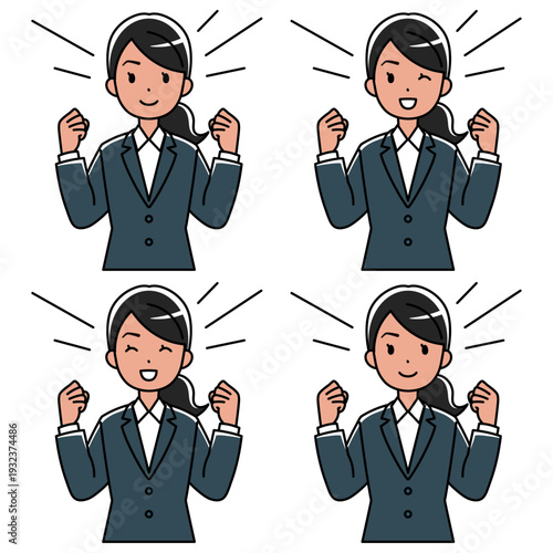 ガッツポーズするスーツの東南アジア系女性のイラスト