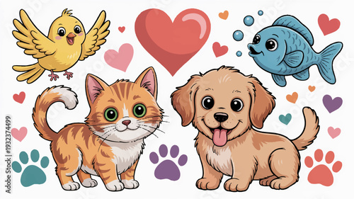 Adorable cartoon cat and dog surrounded by hearts birds and fish with playful paw prints and bright colors in a sweet illustration