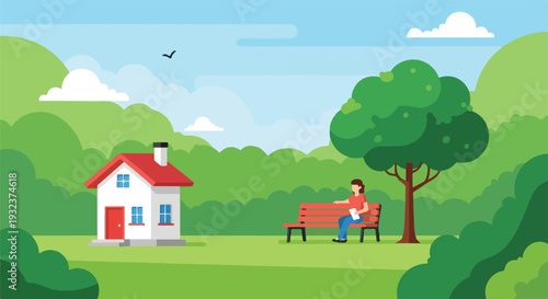 A park scene with a house, a person on a bench, and a tree
