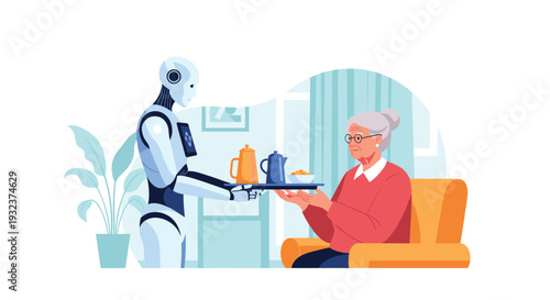 Advanced humanoid robot providing assistance by serving a tray of beverages to an elderly woman in her living room.