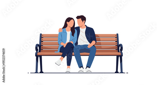Loving couple sitting side by side on a classic wooden park bench while enjoying a peaceful moment outdoors together.