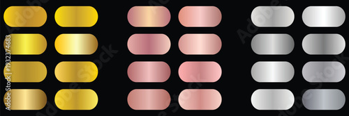 Luxury Gold Rose Gold Silver Gradient Rounded Buttons Set on Black Background.