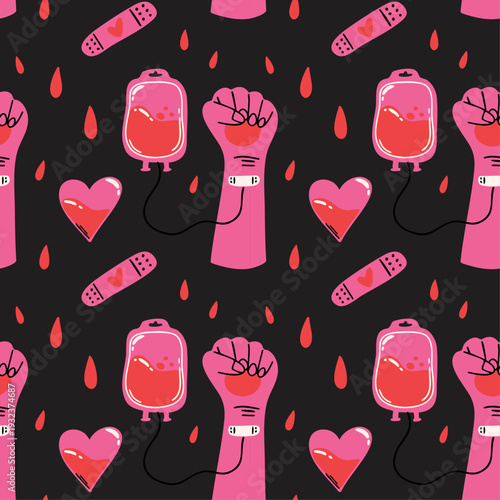 Blood donation vector seamless pattern with cute funky cartoon illustrations of medical healthcare elements, blood types, donor awareness icons for world blood donor day