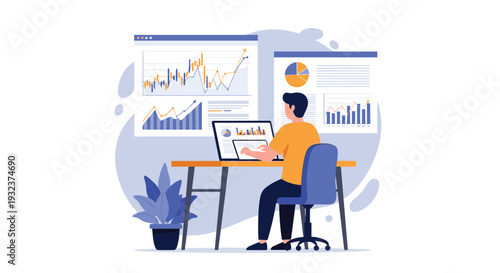 Financial analyst working at a desk with multiple monitors displaying real-time stock market data, charts, and performance graphs.