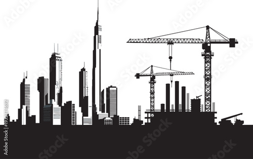 Black city skyline silhouette with construction tower cranes, urban skyscraper development, architectural building site, downtown city growth, civil engineering project vector illustration, 