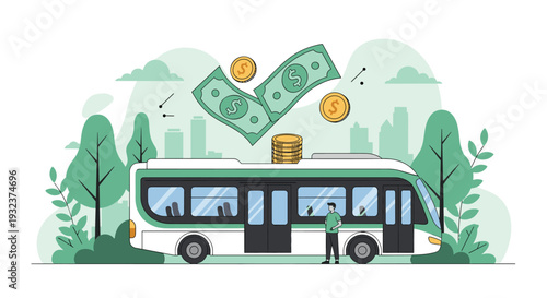 Concept of public transport efficiency showing a modern electric bus with floating money and gold coin icons signifying savings.