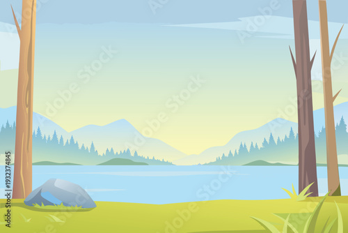 Peaceful Lake Landscape with Mountains and Trees Serene Nature Scene Stock Illustration