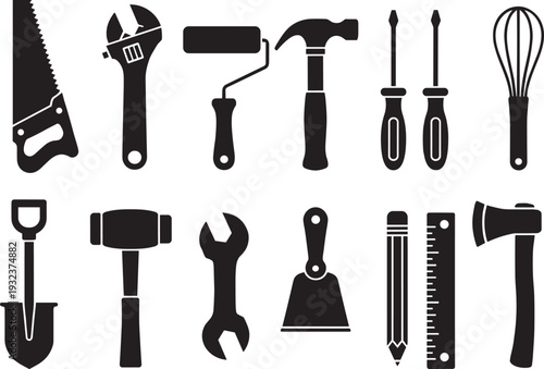 Black hand tools icons set with hammer, saw, wrench, screwdriver, shovel, and axe, construction hardware symbols, diy home improvement vector illustration, carpentry equipment.