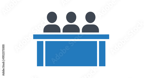Simple blue icon illustrating three figures seated behind a long desk representing a panel or jury