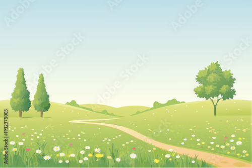 Peaceful Summer Meadow with Winding Path and Trees Under Clear Sky Stock Illustration