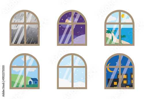 Bundle of isolated illustration cartoon windows with various views outside, storms, sunny weather, beaches, hills and others with flat design.