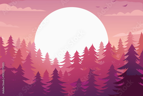 Pine forest silhouette against a large sun during sunset pink and purple hues
