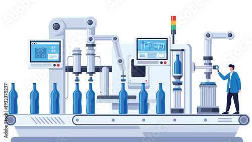 Automated factory bottling line with robotic arms filling blue glass bottles and a worker monitoring the smart process.