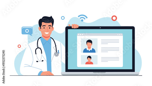 Friendly male doctor in a white lab coat showing patient medical profiles on a laptop screen for a telemedicine consultation.