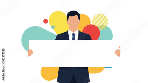 Faceless businessman in a navy suit holding a large blank white board for copy space in front of colorful abstract shapes.