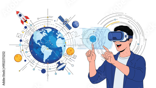 Young man wearing a virtual reality headset exploring a vast digital universe with planet Earth stars and a rocket ship.